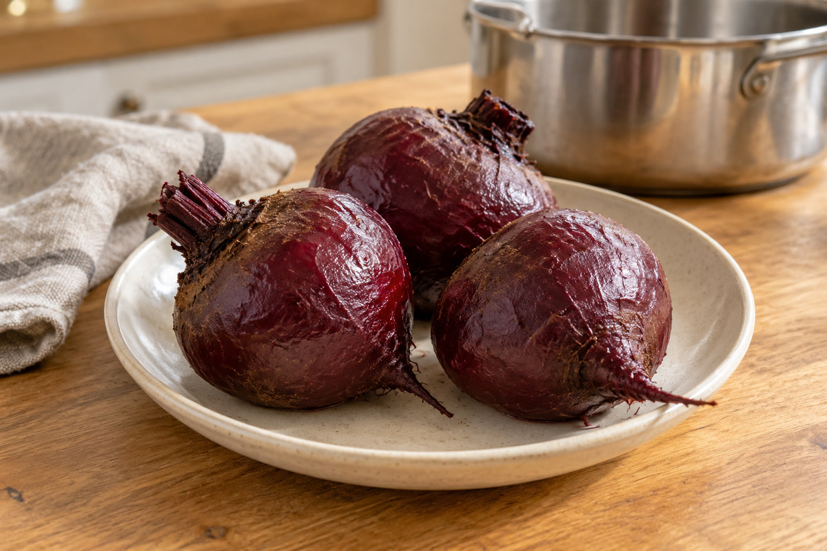 Trois betteraves rouges entières cuites avec leur peau, dans une assiette près d’une casserole.