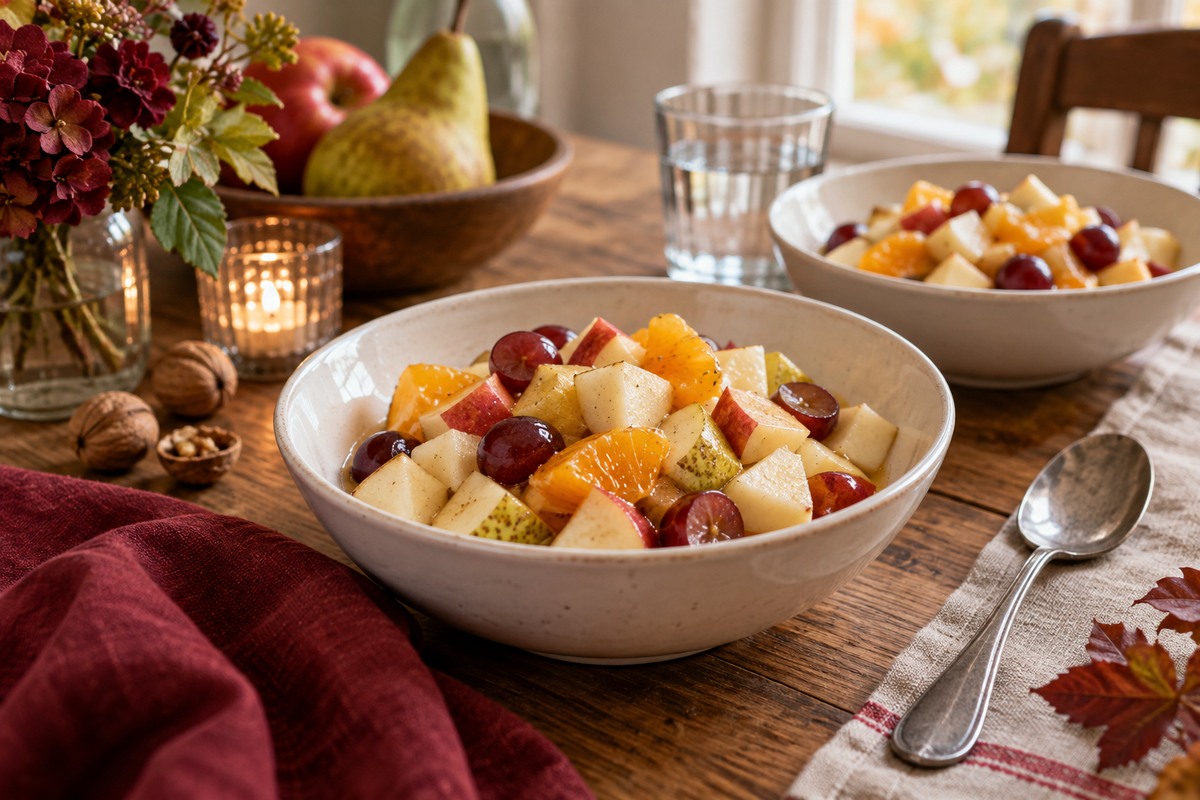 Coupelles de salade de fruits aux pommes, poires, agrumes et raisins