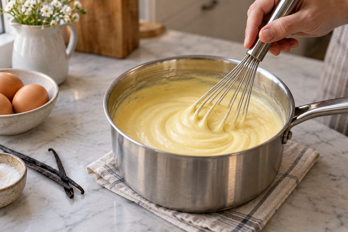 Crème vanillée épaisse mélangée doucement au fouet dans une casserole, sans ébullition visible.