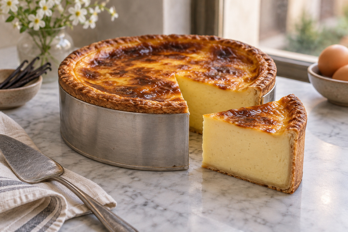 Flan pâtissier à la vanille dans un moule métallique haut, à la surface dorée, avec une part découpée révélant une crème lisse.
