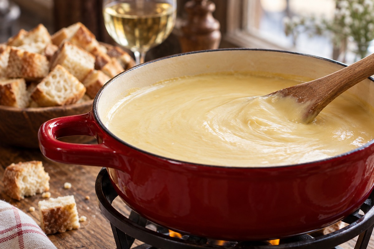 Fondue au fromage homogène remuée avec une cuillère en bois