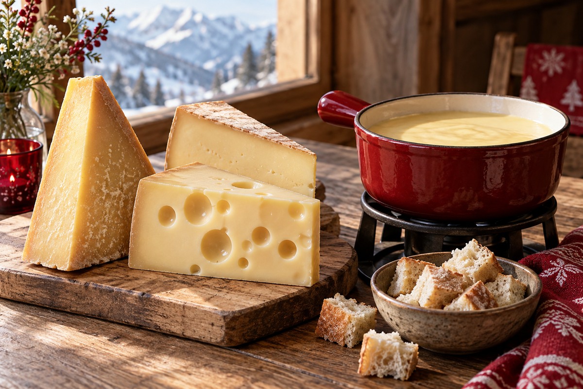 Morceaux de fromage et fondue dans un caquelon rouge