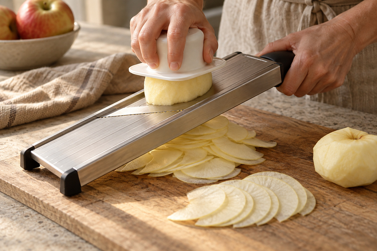 Pommes finement tranchées à la mandoline pour un gâteau invisible