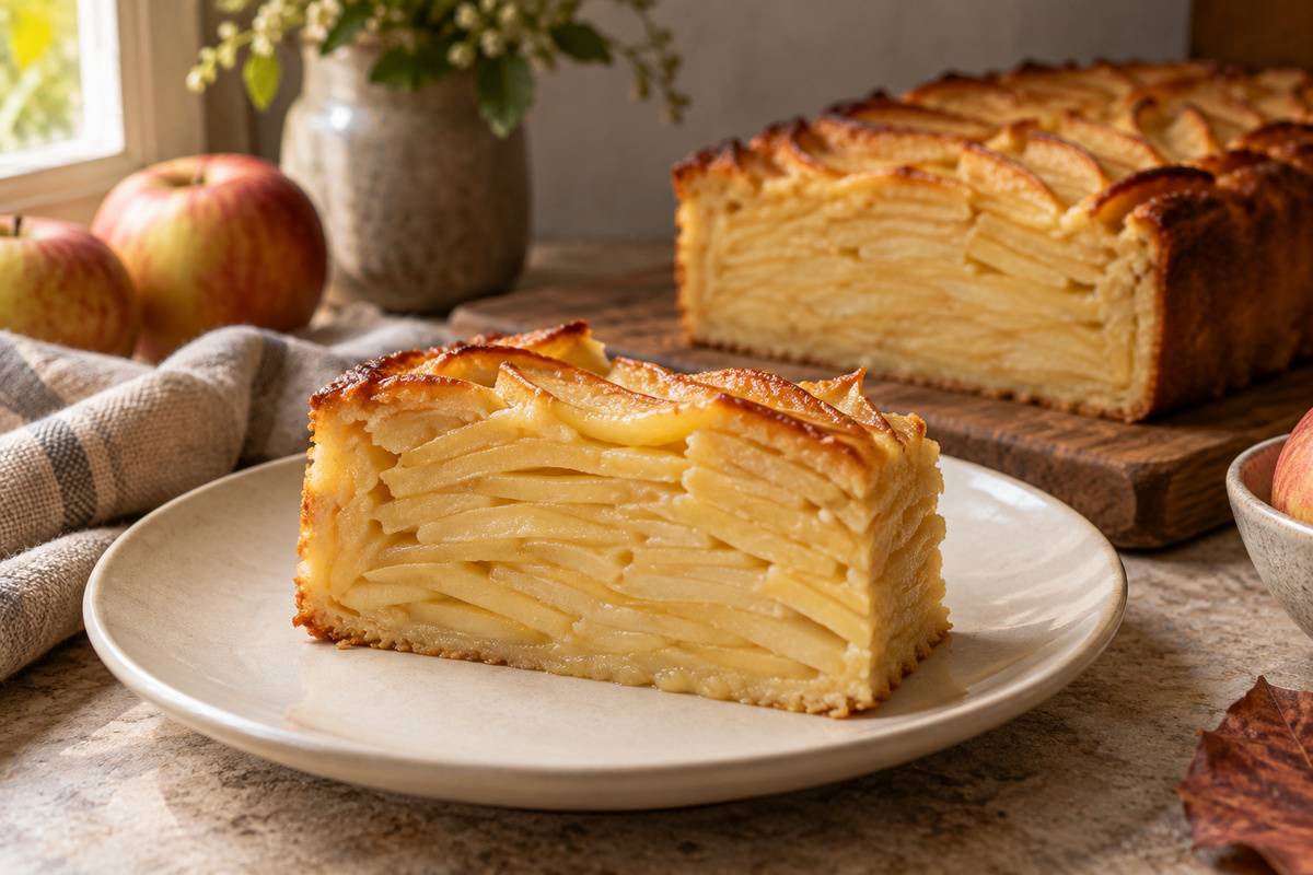 Part de gâteau invisible aux pommes aux fines lamelles visibles