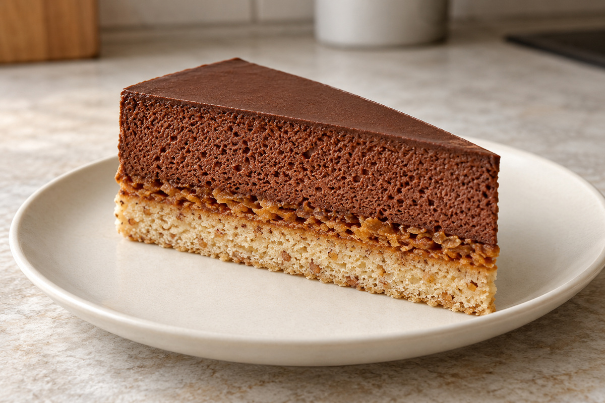 Part de trianon sur une assiette claire, avec une base de dacquoise noisette, une fine couche croustillante pralinée et une mousse au chocolat alvéolée.
