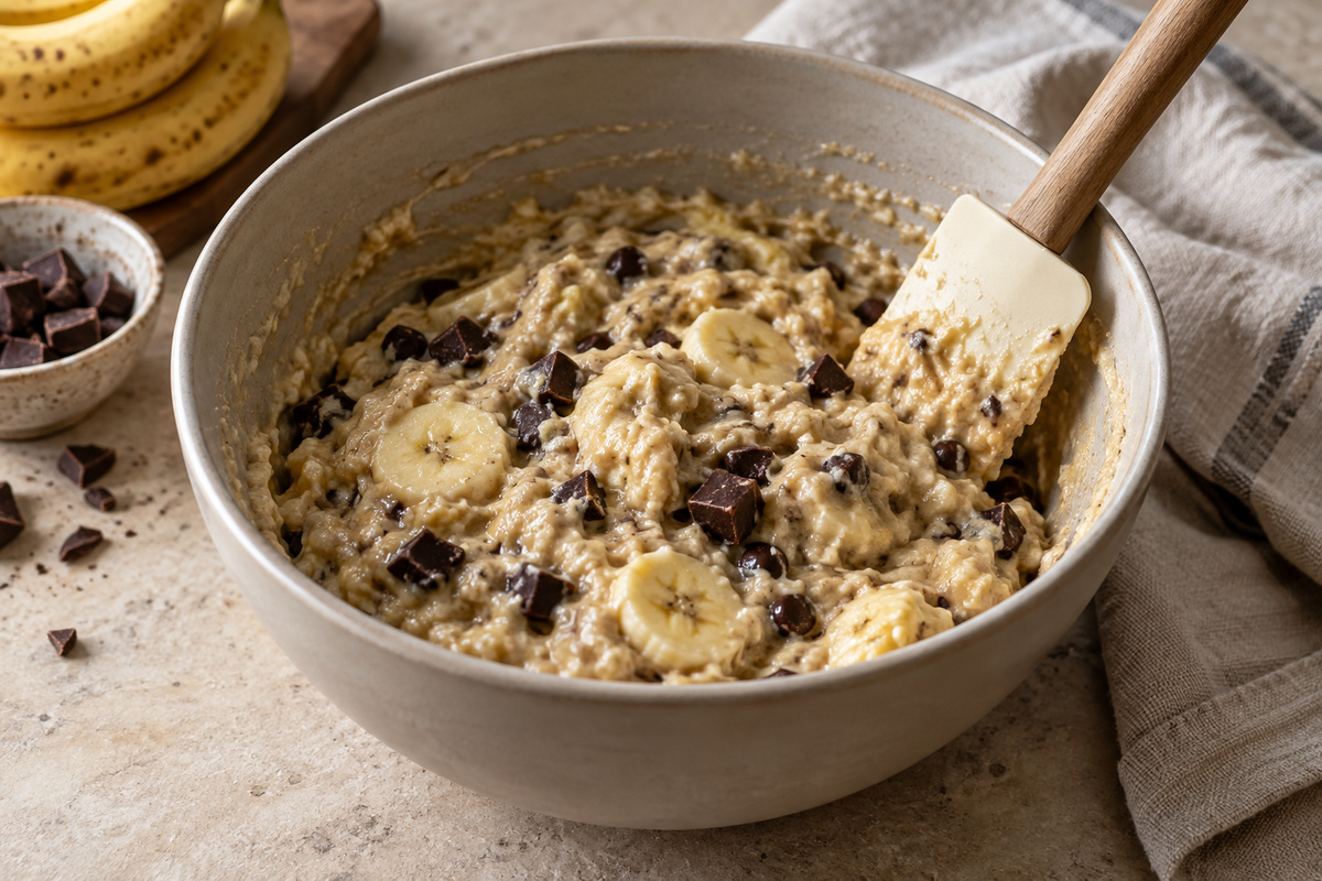 Pâte à muffins banane-chocolat encore peu mélangée dans un saladier