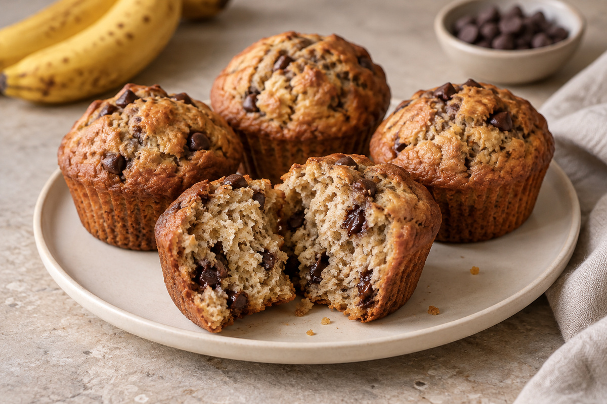 Muffins banane-chocolat dorés, dont un ouvert sur une assiette