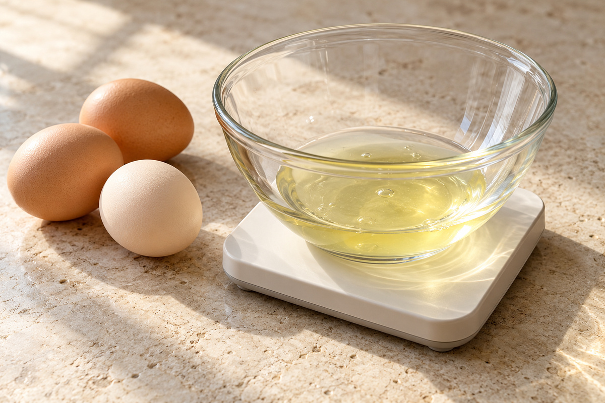 Un bol de blanc d’œuf posé sur une balance de cuisine, avec des œufs entiers à côté.