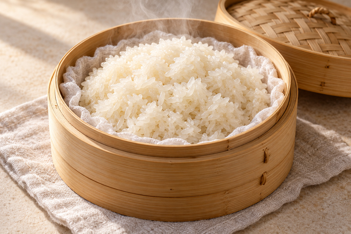 Riz gluant blanc cuit aux grains tendres et reconnaissables dans un panier vapeur en bambou.