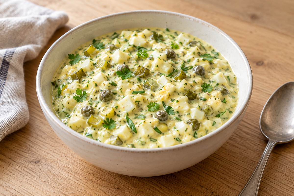 Une sauce gribiche aux œufs durs, câpres, cornichons et herbes fraîches dans un bol.