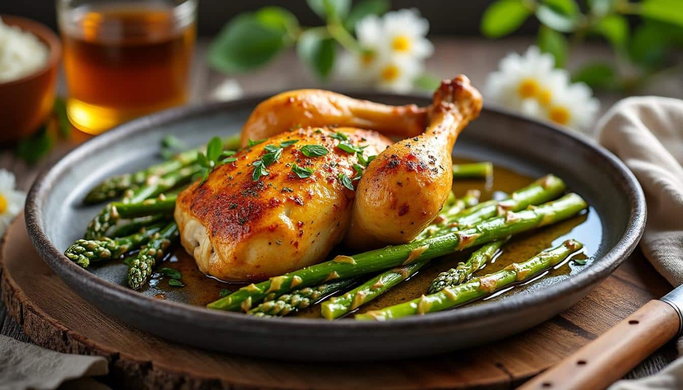 5 étapes précises pour un poulet rôti moelleux avec asperges croquantes en mars