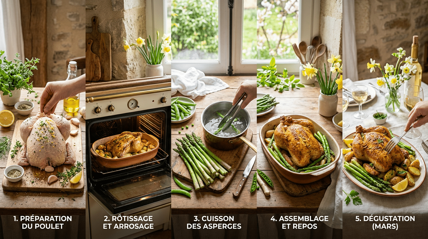 5 étapes précises pour un poulet rôti moelleux avec asperges croquantes en mars