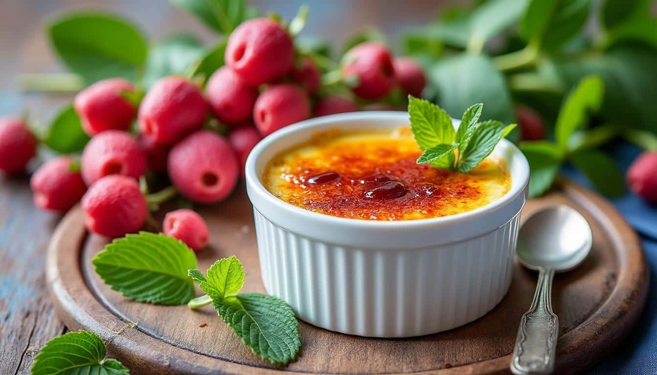 5 minutes de préparation pour une crème brûlée à la rhubarbe croquante et parfumée à la menthe