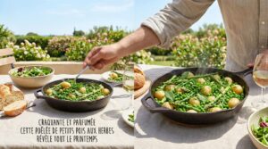 Craquante et parfumée cette poêlée de petits pois aux herbes révèle tout le printemps