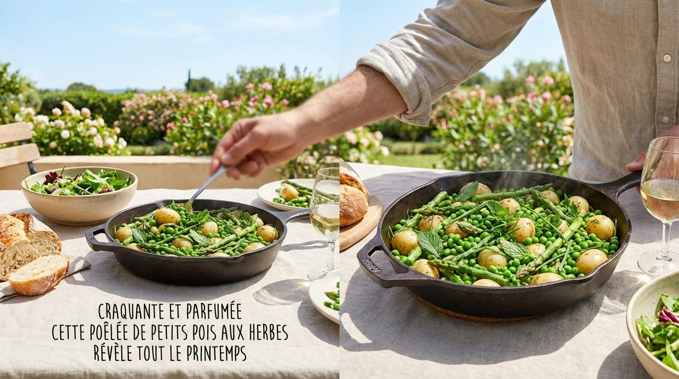 Craquante et parfumée cette poêlée de petits pois aux herbes révèle tout le printemps