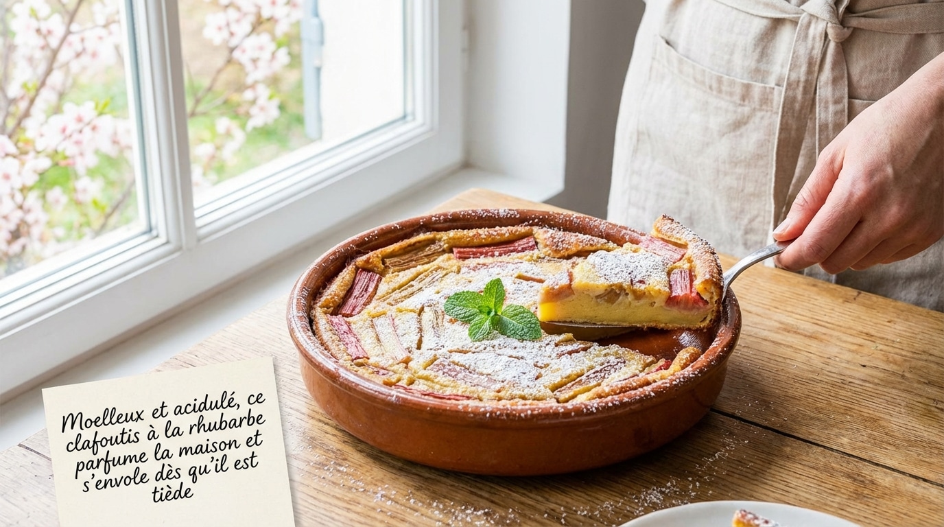 Moelleux et acidulé, ce clafoutis à la rhubarbe parfume la maison et s’envole dès qu’il est tiède