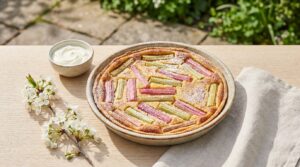 Fondant et acidulé ce clafoutis à la rhubarbe embaume le printemps frais