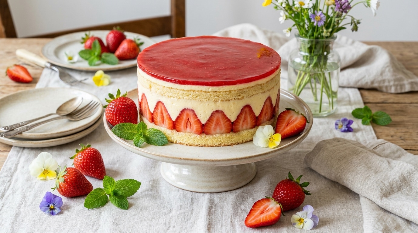 Un repos de 7 minutes transforme ce fraisier maison en un dessert léger, frais et fondant
