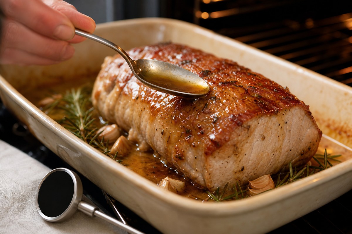 Rôti de porc arrosé avec son jus dans un plat au four