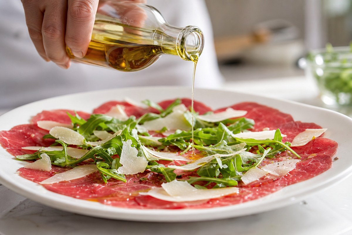 Filet d’huile d’olive versé sur un carpaccio de bœuf avec parmesan et roquette