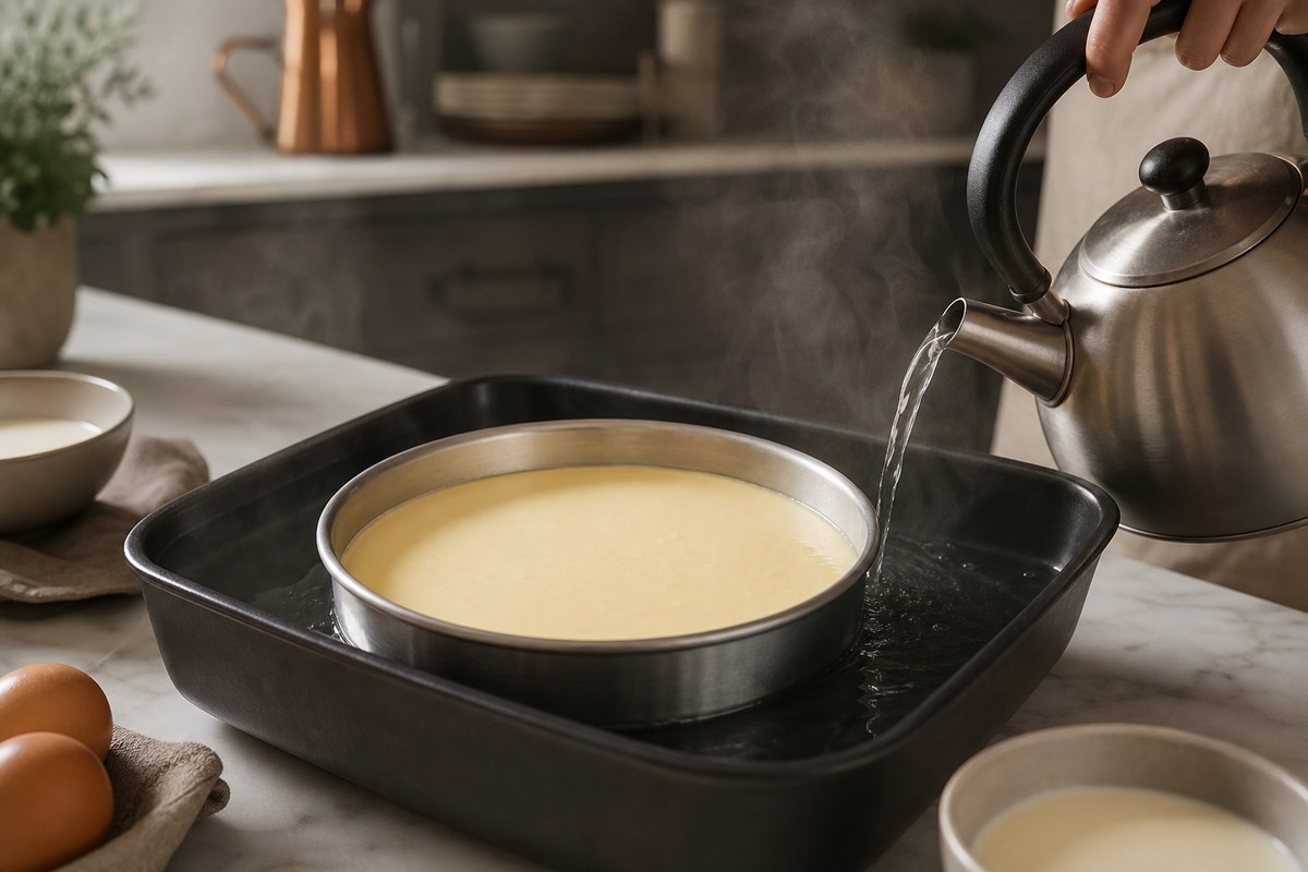 Moule de flan aux œufs posé dans un bain-marie avec eau chaude versée doucement