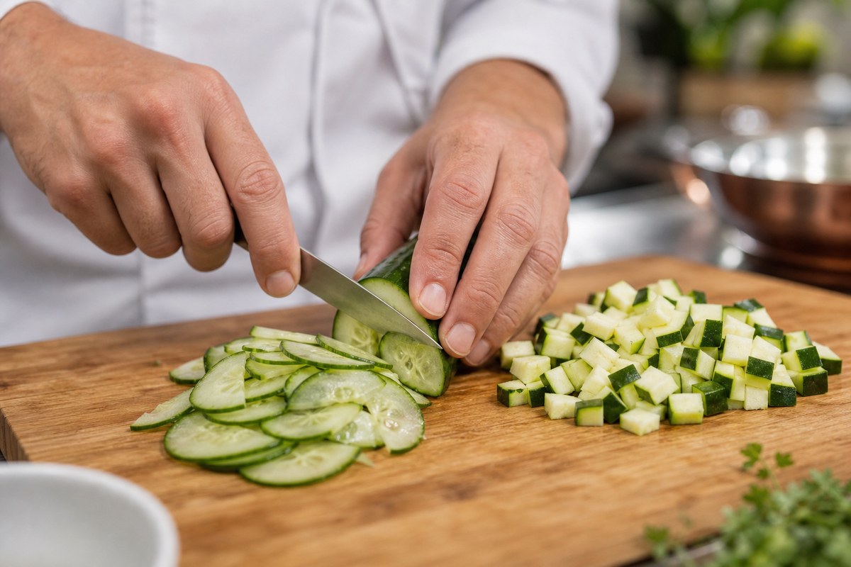 Concombre tranché cru et courgette coupée en dés sur une planche de cuisine