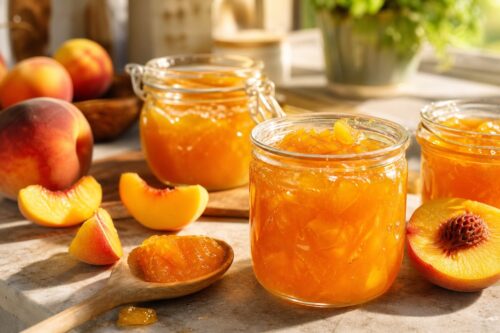 Pots de confiture de pêches maison avec morceaux de fruits et pêches fraîches