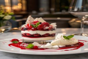 Dessert facile dressé avec fruits rouges, crème et meringue