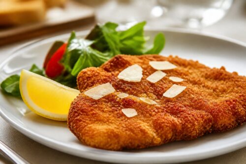Escalope milanaise dorée avec panure croustillante, citron et parmesan