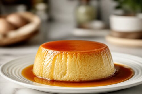 Flan aux œufs maison démoulé avec caramel ambré sur une assiette blanche
