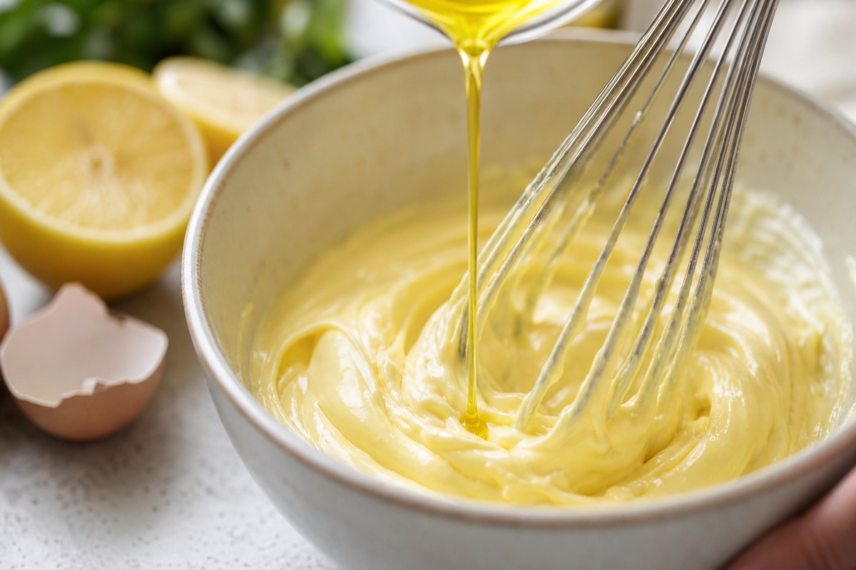 Mayonnaise sans moutarde qui monte au fouet avec un filet d’huile
