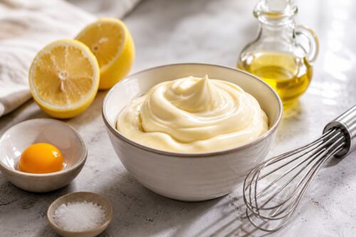 Bol de mayonnaise maison sans moutarde avec citron, huile et jaune d’œuf