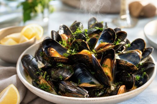 Plat de moules de bouchot ouvertes avec citron et persil sur une table claire