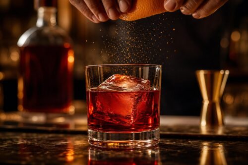 Negroni maison dans un verre avec gros glaçon et zeste d’orange