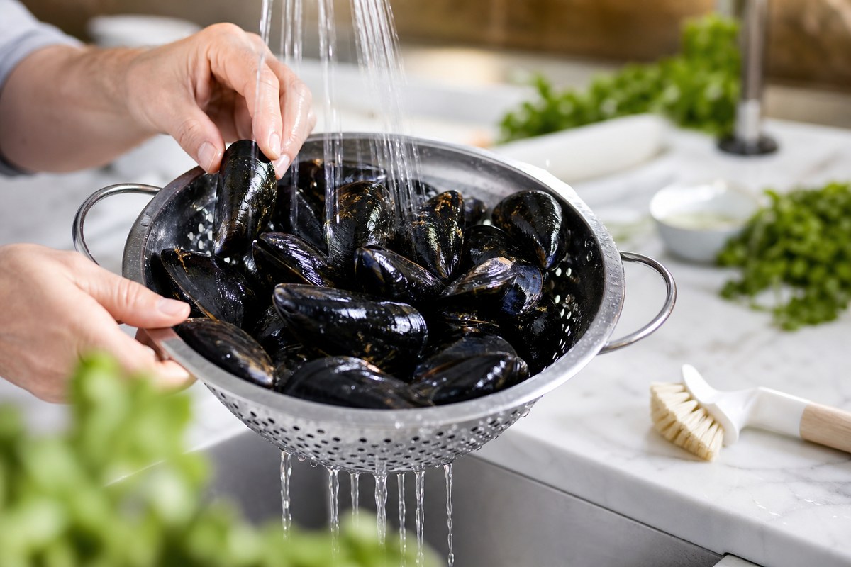 Moules fraîches rincées dans une passoire avant cuisson