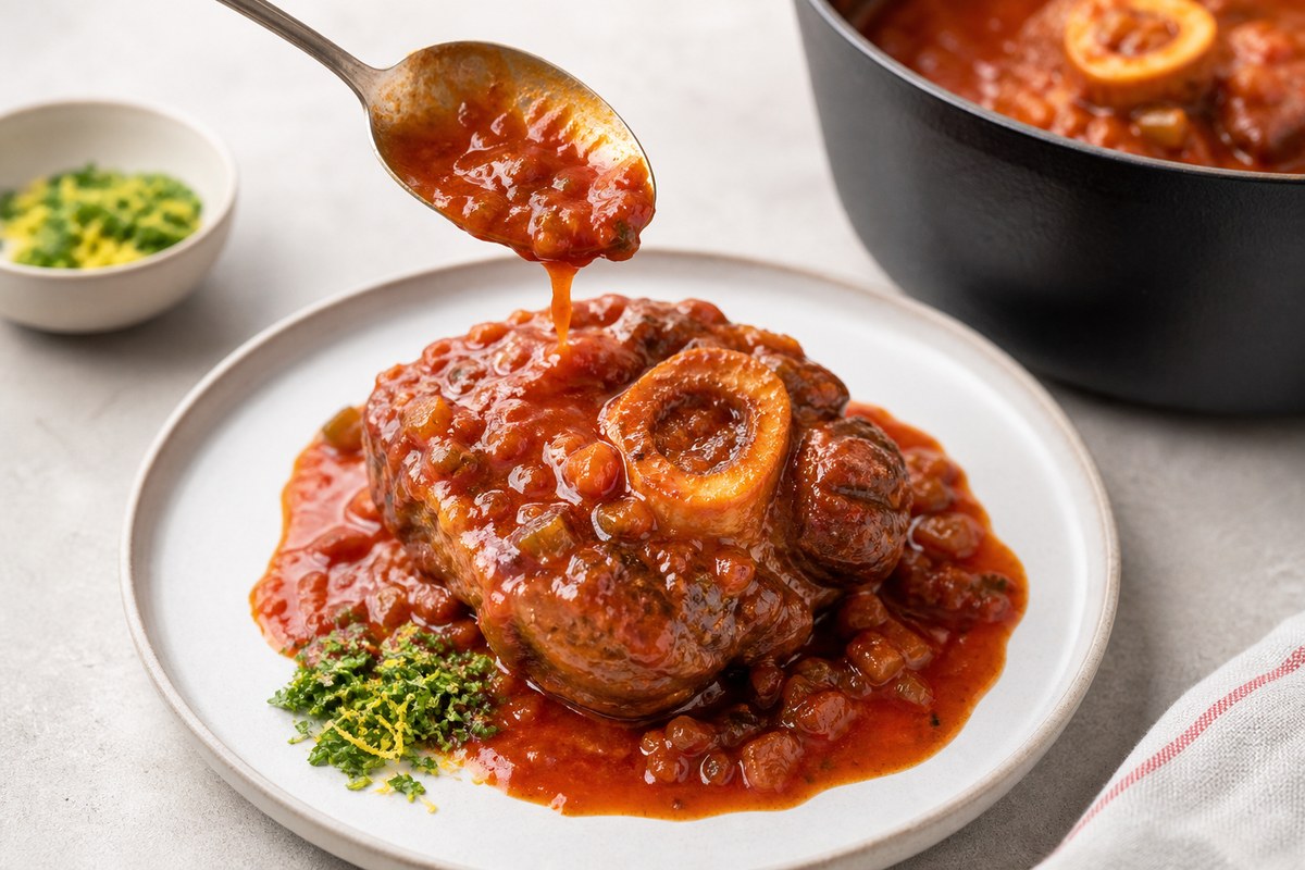 Sauce tomate nappée sur un osso bucco de veau fondant