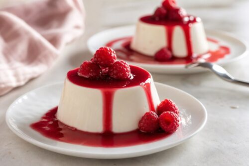 Panna cotta maison avec coulis de fruits rouges et framboises fraîches