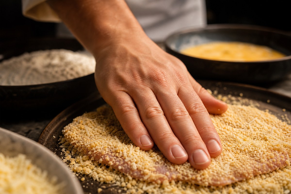 Escalope milanaise pressée dans la chapelure au parmesan avant cuisson