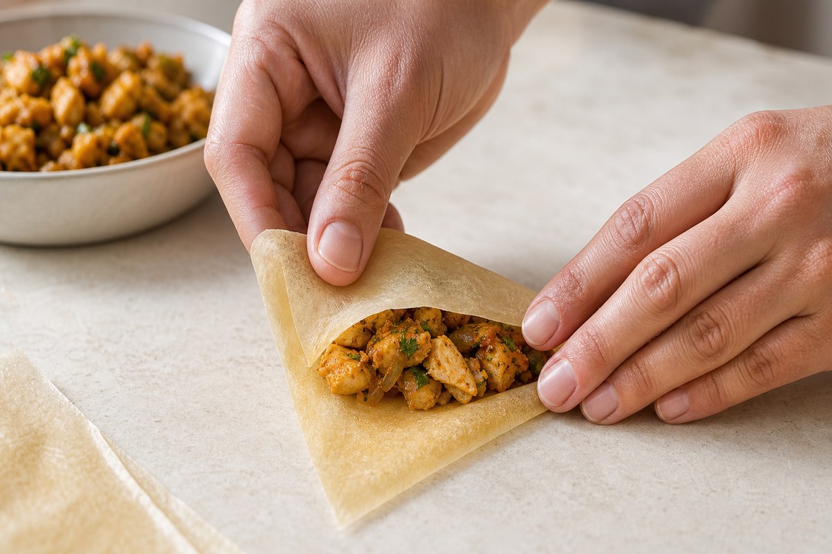 Pliage d’un samoussa au poulet dans une feuille de brick