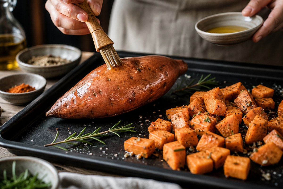 Patate douce huilée avant cuisson au four avec des cubes assaisonnés