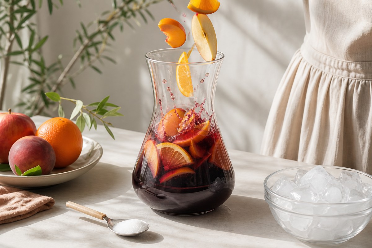 Fruits frais ajoutés dans une carafe de sangria maison
