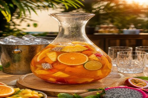 Carafe de punch maison avec agrumes, fruits exotiques et glaçons à part