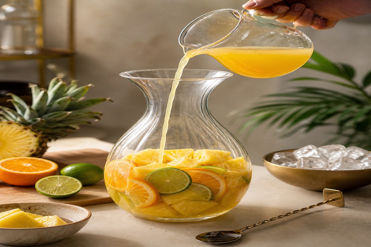 Préparation d’un punch maison avec jus d’ananas, agrumes et fruits frais