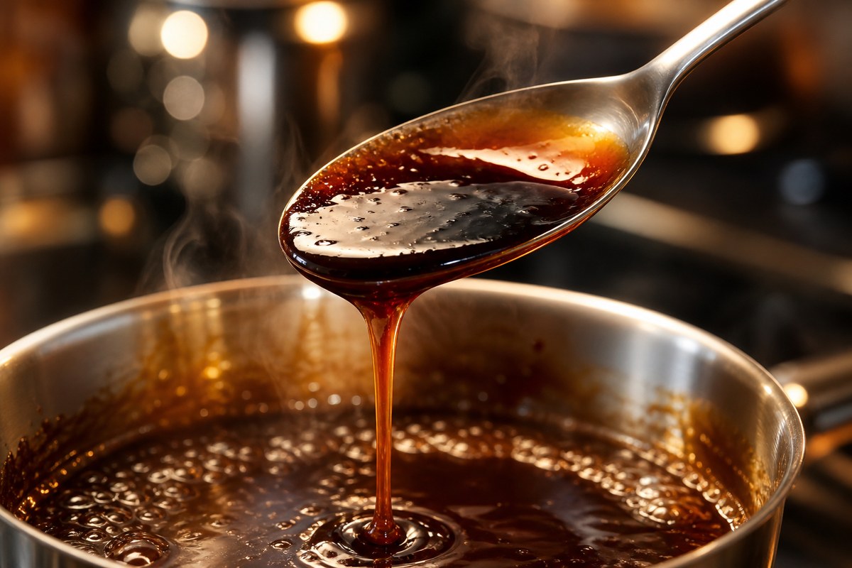 Sauce teriyaki réduite qui nappe une cuillère au-dessus de la casserole