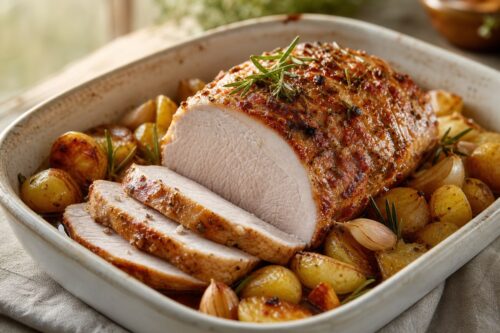 Rôti de porc au four tranché avec pommes de terre et jus de cuisson