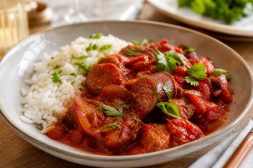 Assiette de rougail saucisse avec riz blanc et sauce tomate aux oignons