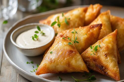 Samoussas au poulet dorés et croustillants servis avec une sauce fraîche