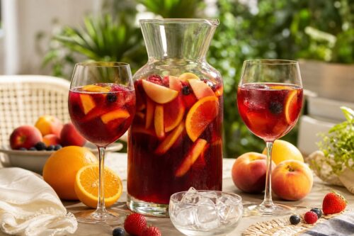 Carafe de sangria maison avec fruits frais et verres sur une table lumineuse