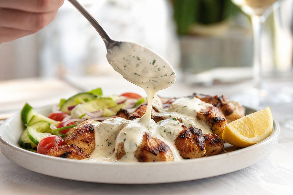 Sauce blanche maison versée à la cuillère sur des grillades avec crudités