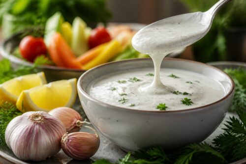 Sauce blanche maison dans un bol avec ail citron et herbes